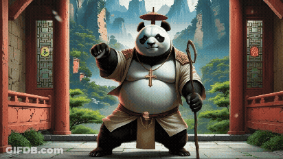 Panda Bear Holding Cane And Umbrella On Head GIF