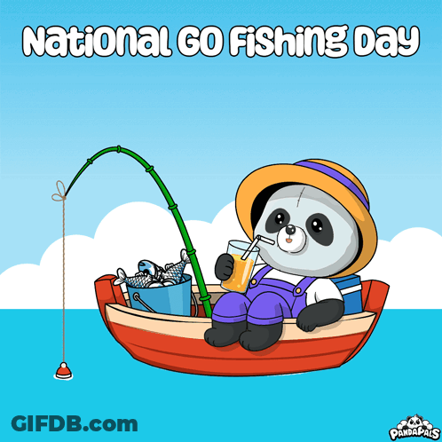 Panda Bear In Boat Fishing And Drinking Orange Juice GIF