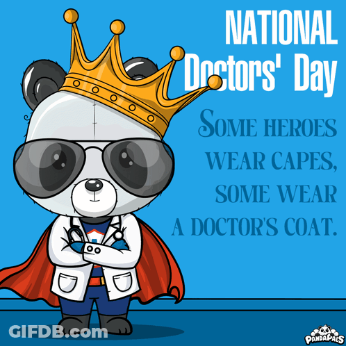 Panda Bear In Cape And Crown For National Doctor's Day GIF