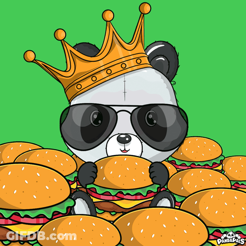 Panda Bear In Crown And Sunglasses Eating Sandwich GIF