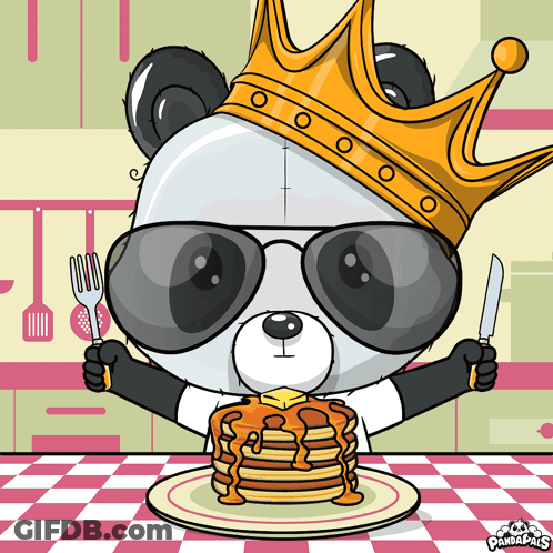 Panda Bear In Crown And Sunglasses With Fork And Knife Over Pancakes GIF