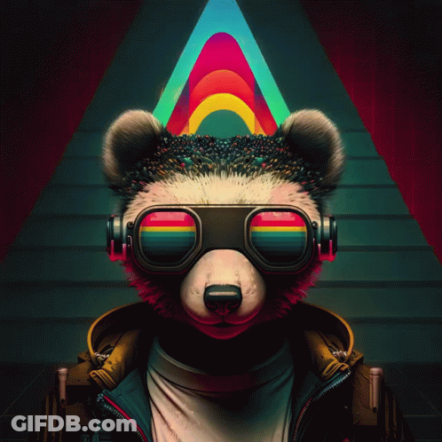 Panda Bear In Goggles And Headphones In Front Of Colorful Pyramid GIF