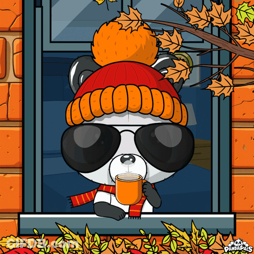 Panda Bear In Hat And Scarf Looking Out Window GIF
