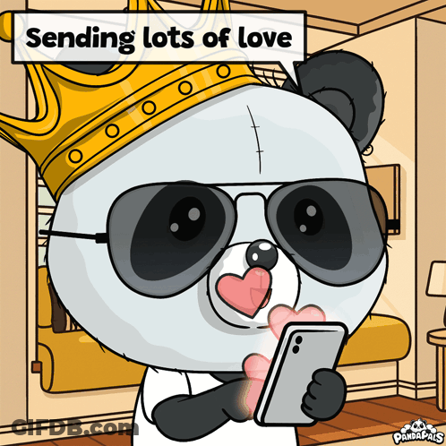 Panda Bear In Sunglasses And Crown Holding Cell Phone GIF