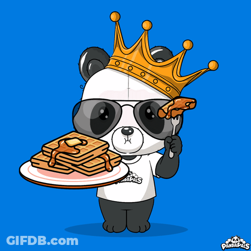 Panda Bear In Sunglasses And Crown Holding Pancakes GIF