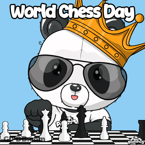 Panda Bear In Sunglasses And Crown Playing Chess GIF