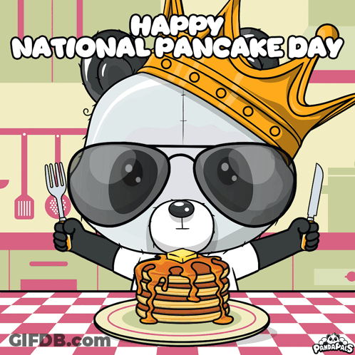 Panda Bear In Sunglasses And Crown With Pancakes GIF