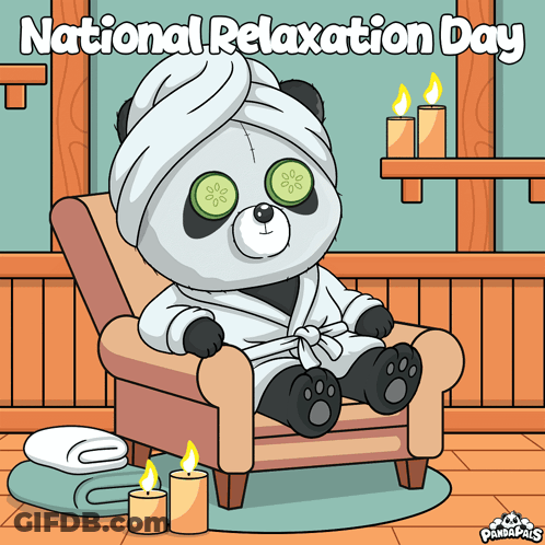 Panda Bear Sitting In Chair With Cucumber Slices On Eyes GIF