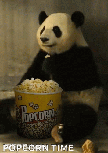 Panda Bear Sitting Next To Popcorn Bucket GIF