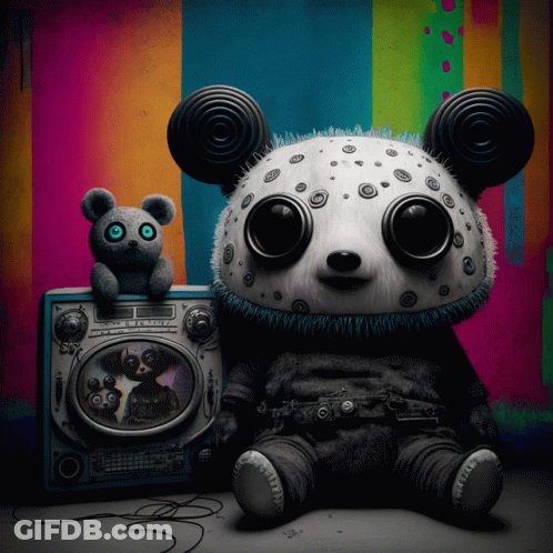 Panda Bear Sitting Next To Teddy Bear On Radio GIF