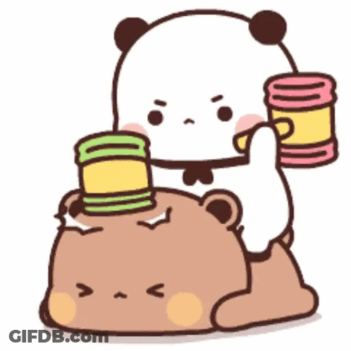 Panda Bear Sitting On Brown Bear Holding Two Cans GIF