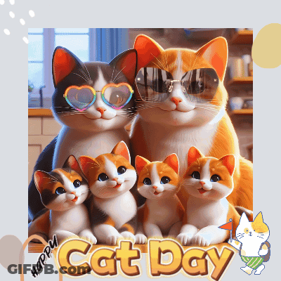 Panda Bear Sitting On Polka Dot Chair With Three Kittens For National Cat Day GIF