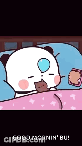 Panda Bear Sleeping In Bed With Teddy Bear And Balloon In Eye GIF