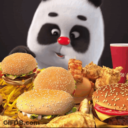 Panda Bear Surrounded By Hamburgers And Fries GIF