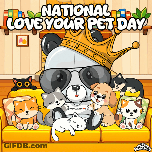 Panda Bear Wearing Crown Surrounded By Cats And Dog On Couch For National Love Your Pet Day GIF