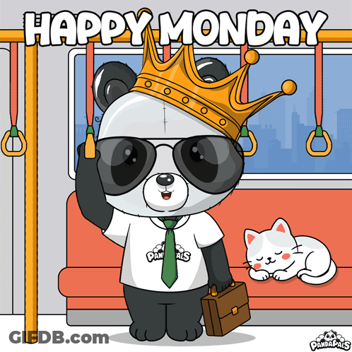 Panda Bear With Crown And Briefcase Saying Happy Monday GIF