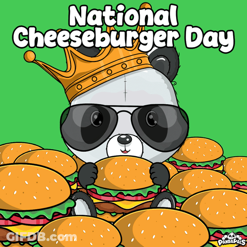 Panda Bear With Crown And Sunglasses Holding Cheeseburger GIF