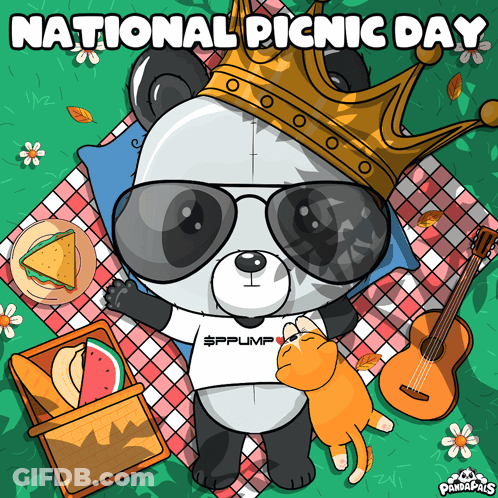 Panda Bear With Crown And Sunglasses Laying On Picnic Blanket GIF
