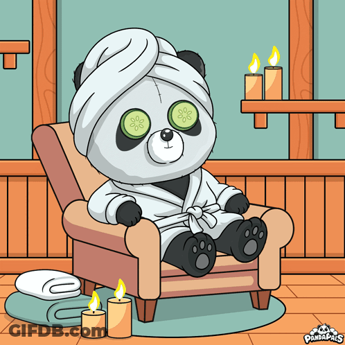 Panda Bear With Cucumber Slices On Eyes Sitting In Chair GIF