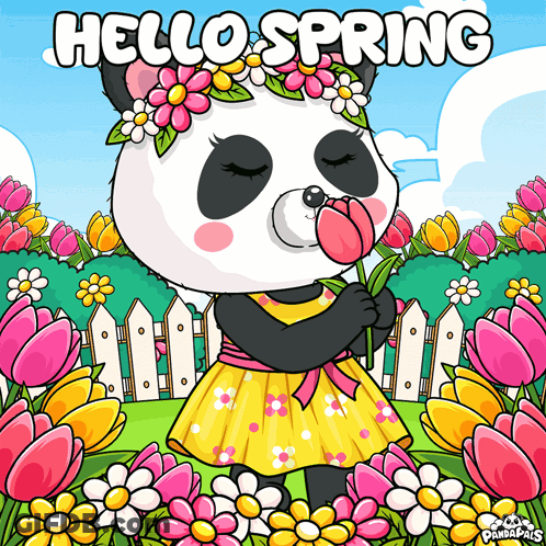Panda Bear With Flower Crown Holding Flower Hello Spring GIF