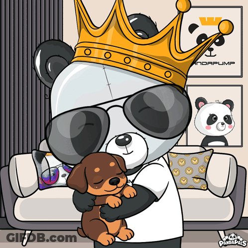 Panda Bear With Sunglasses And Crown Holding Small Brown Dog GIF