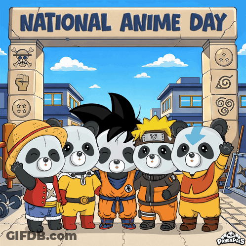 Panda Bears In Front Of National Anime Day Sign GIF