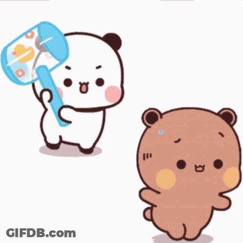 Panda Holding Hammer Beside Brown Bear GIF