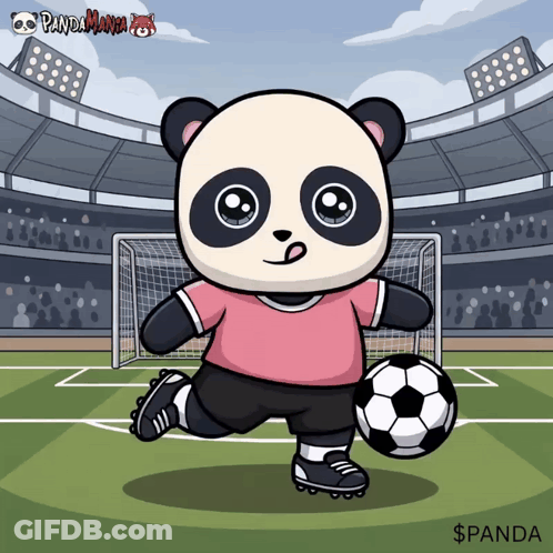Panda Holding Soccer Ball With Word Panda GIF