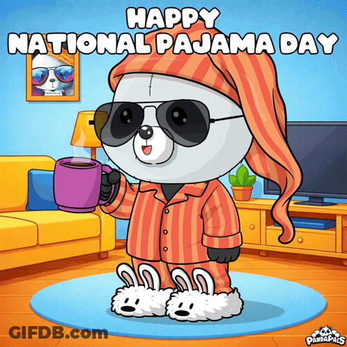 Panda In Pajamas Holding Coffee For National Pajama Day GIF