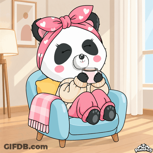 Panda In Pink Headband Sitting With Coffee GIF