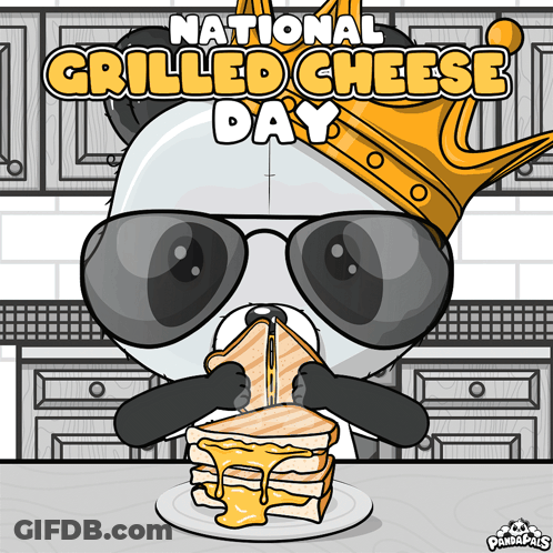 Panda In Sunglasses And Crown Eating Sandwich For National Grilled Cheese Day GIF