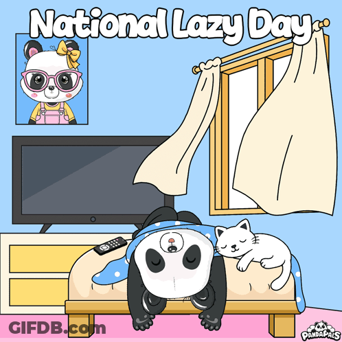 Panda Laying On Bed With Sleeping Cat GIF