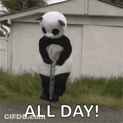 Panda Mascot Jumping On Pogo Stick In Grass GIF