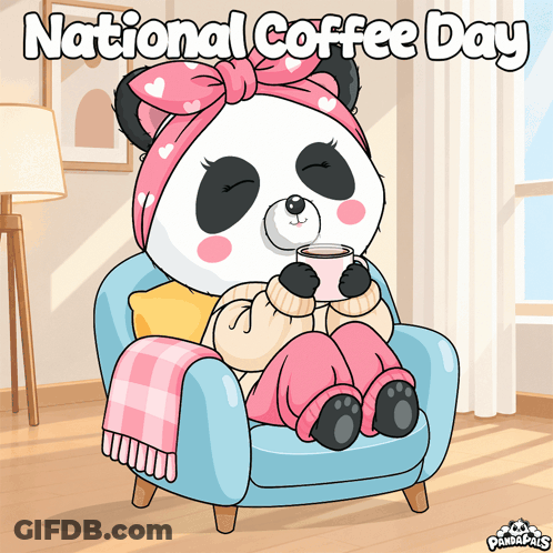 Panda Sitting In Chair Drinking Coffee GIF