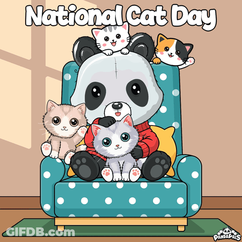 Panda Sitting On Polka Dot Chair With Three Kittens For National Cat Day GIF