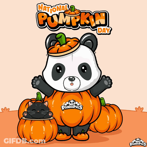 Panda With Pumpkin On Head And Black Cat In Pumpkin GIF