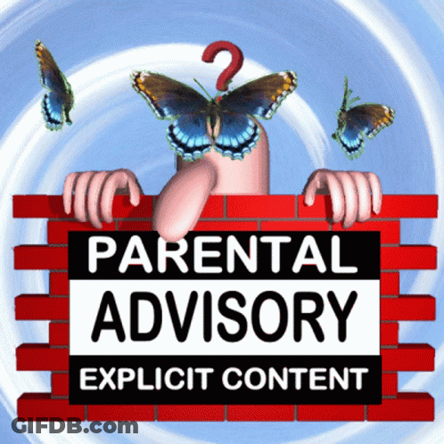 Parental Advisory Explicit Content Sign With Butterfly And Question Mark GIF