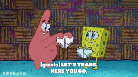 Patrick And Spongebob Holding Underwear Grunts Let's Trade Here You Go GIF