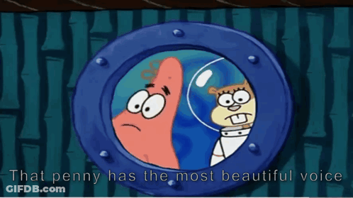 Patrick And SpongeBob Looking Through Window Saying That Penny Has The Most Beautiful Voice GIF