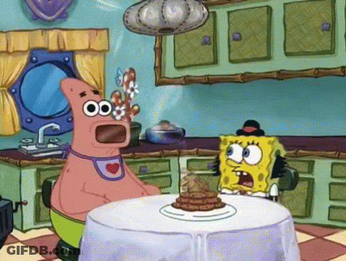 Patrick And SpongeBob Sitting At Table With Pancakes GIF