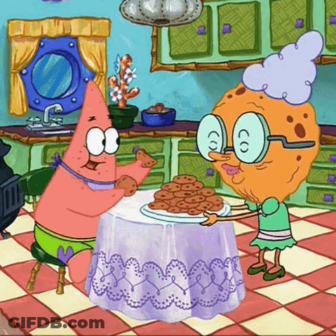 Patrick Star And Cookie Sitting At Table GIF