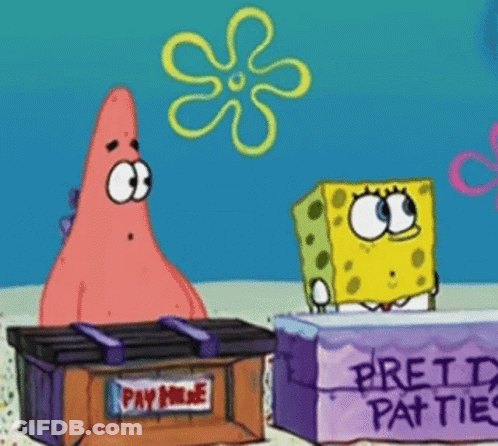 Patrick Star And Spongebob Are Standing Next To Each Other In Front Of A Box That Says Pay Here GIF