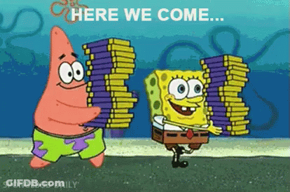 Patrick Star And Spongebob Squarepants Are Carrying A Stack Of Books . GIF