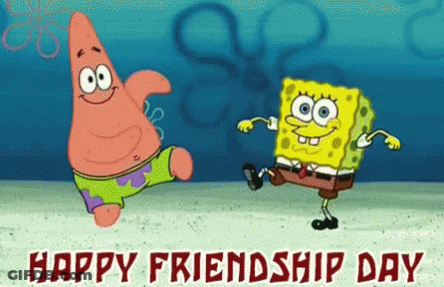 Patrick Star And Spongebob Squarepants Are Dancing On A Friendship Day Card GIF