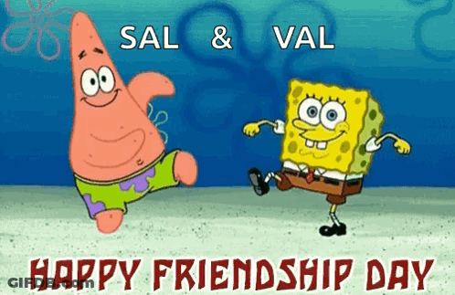Patrick Star And Spongebob Squarepants Are Dancing On A Happy Friendship Day Greeting Card GIF