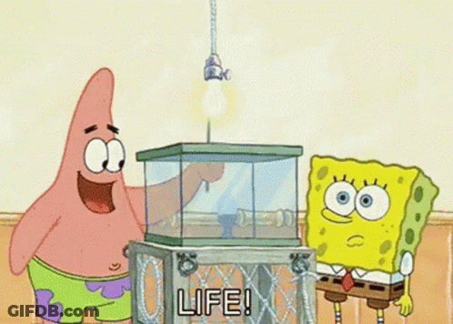 Patrick Star And Spongebob Squarepants Are Standing Next To A Fish Tank With A Light Bulb In It . GIF