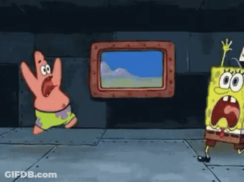 Patrick Star And Spongebob Squarepants Are Standing Next To Each Other In A Dark Room . GIF