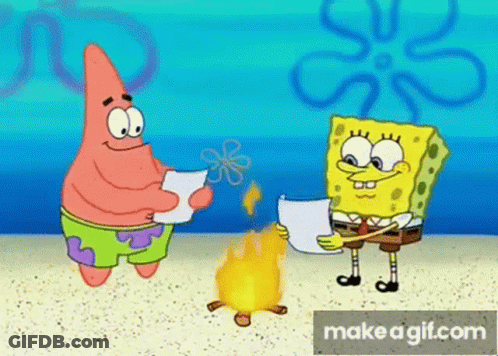 Patrick Star And Spongebob Squarepants Are Standing Next To Each Other On The Beach Holding Papers In Front Of A Fire . GIF