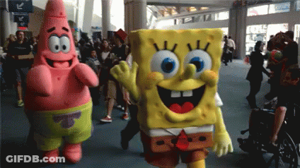 Patrick Star And Spongebob Squarepants Mascots Are Waving At A Crowd GIF