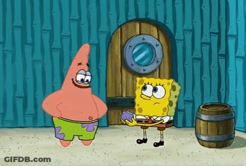 Patrick Star And SpongeBob SquarePants Standing By Wooden Door GIF